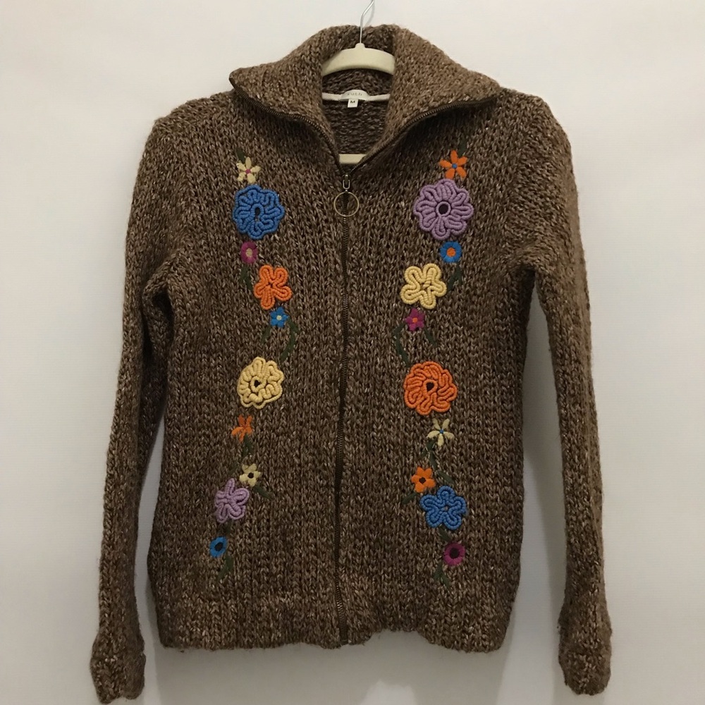 Ruth Brown Knit  Sweater with Floral Embroidery Size M
